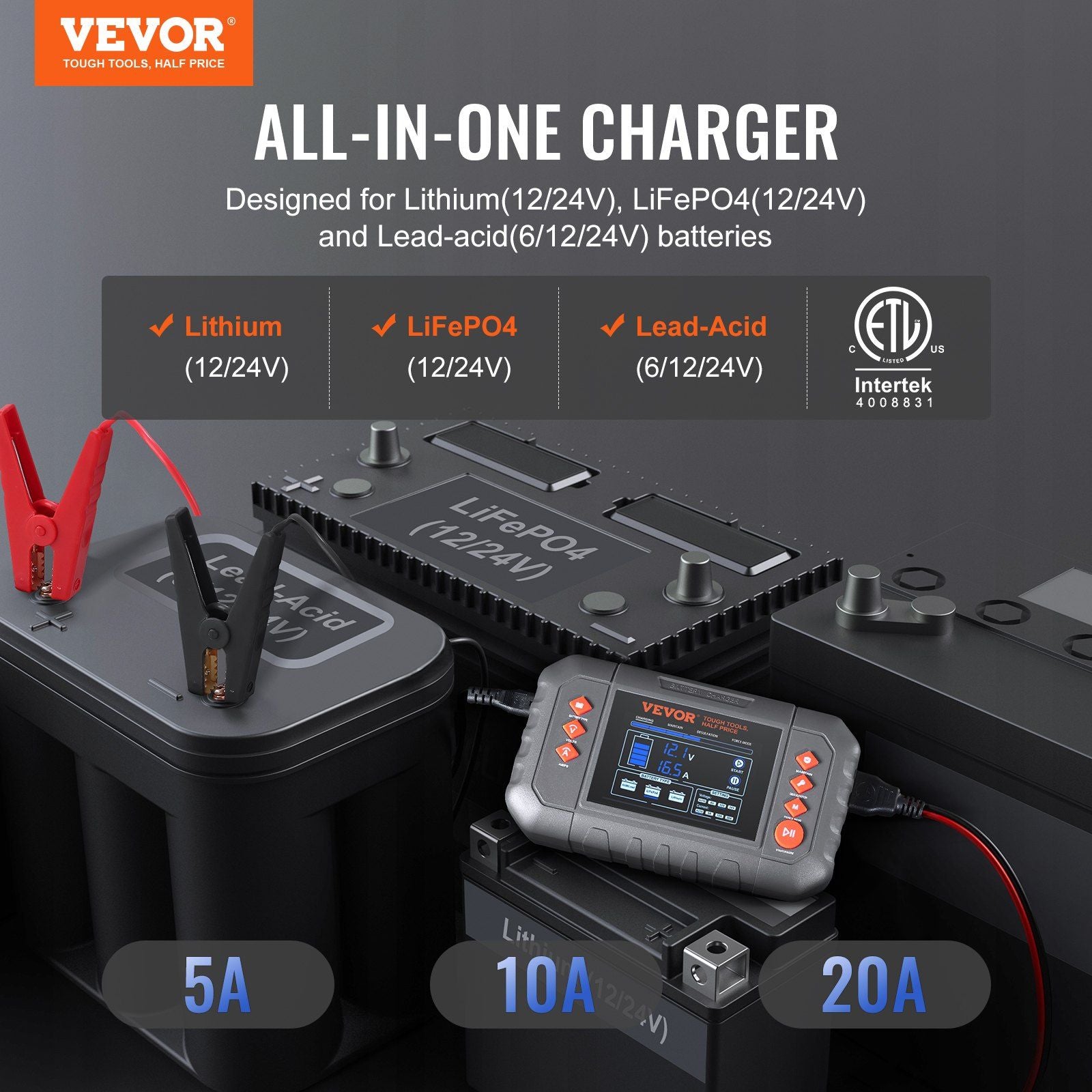 VEVOR Smart Battery Charger, 20-Amp, Lithium LiFePO4 Lead-Acid (AGM / Gel / SLA) Car Battery Charger with LCD Display, Trickle Charger Maintainer Desulfator for Boat Motorcycle Lawn Mower Deep Cycle - JM Variety Store